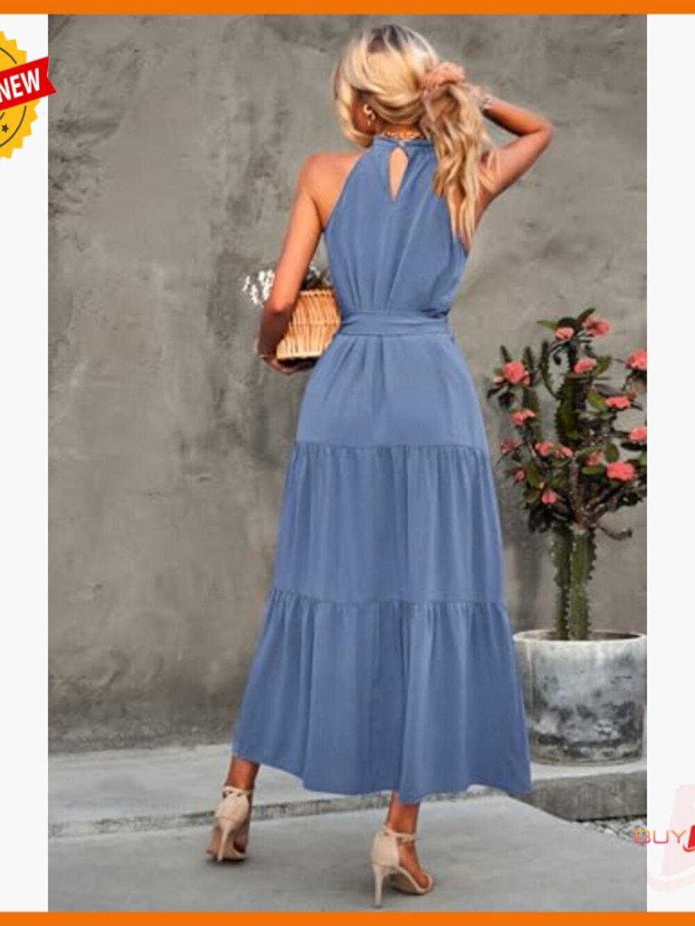 Summer Maxi Dress Sleeveless Halter Flowy Ruffle Hem with Belt Boho - Picture 2 of 7